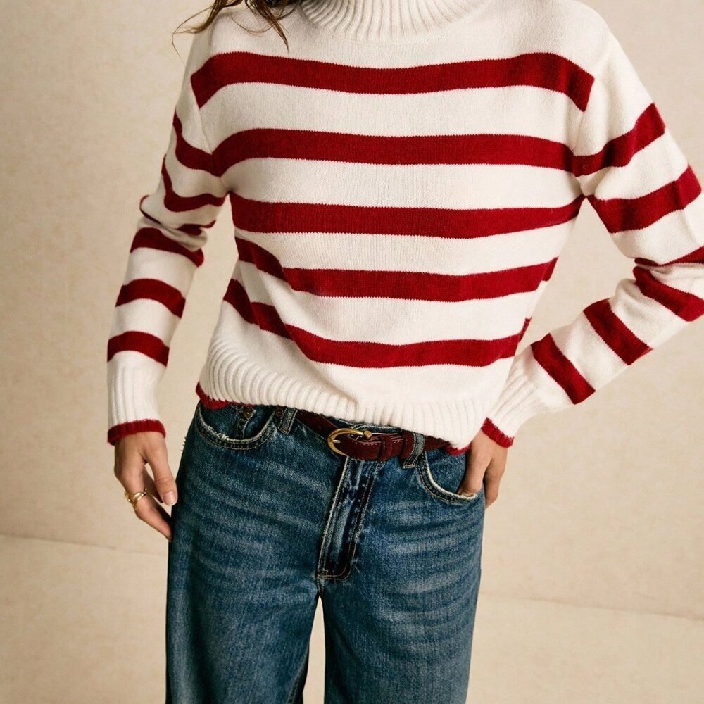 Red And White Casual Women's Colorblock Striped Stand Collar Sweater - Picture 6 of 9